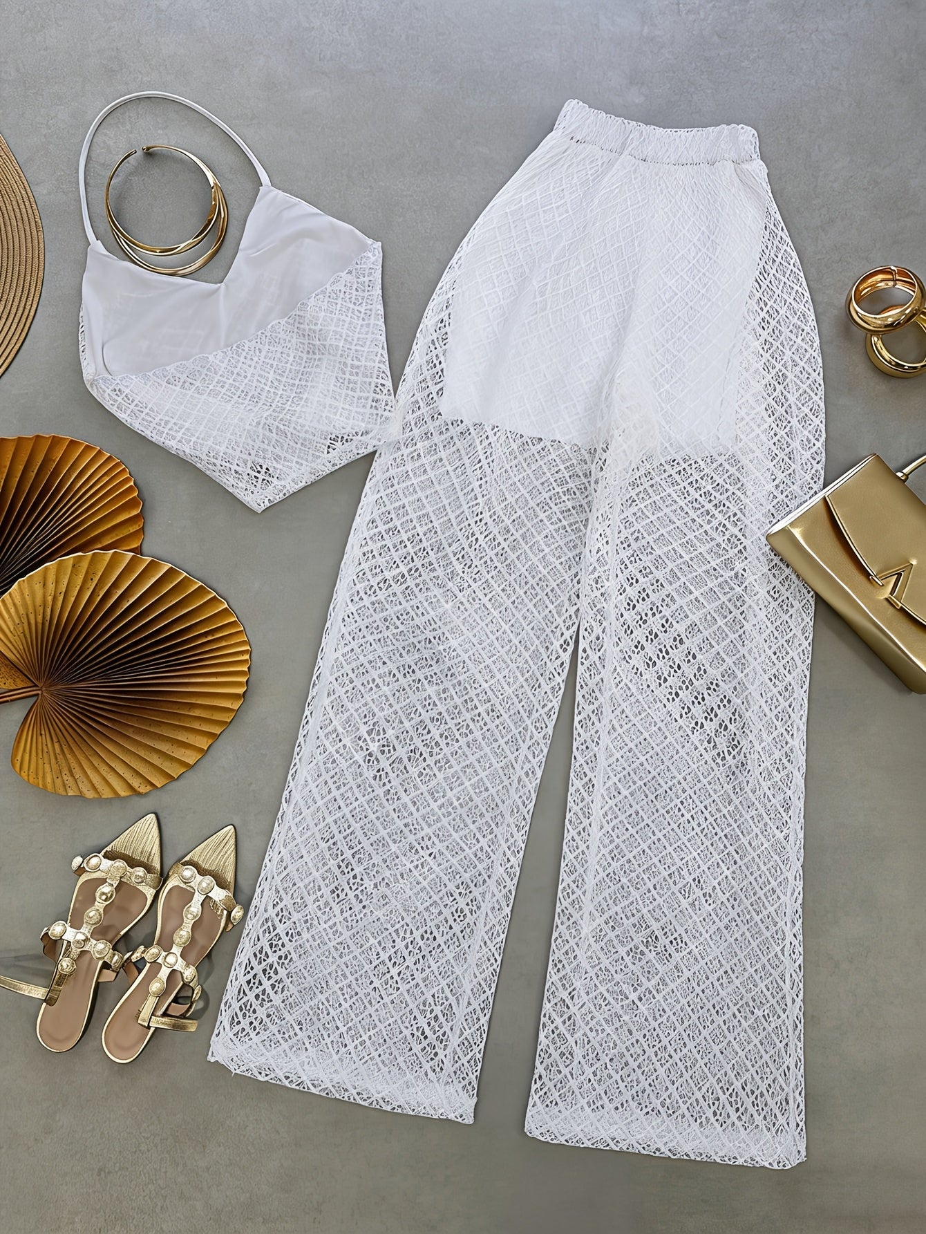 Damen Zweiteiler Set – Elegantes Netz-Top und Weitbeinige Hose für Urlaub & Strand