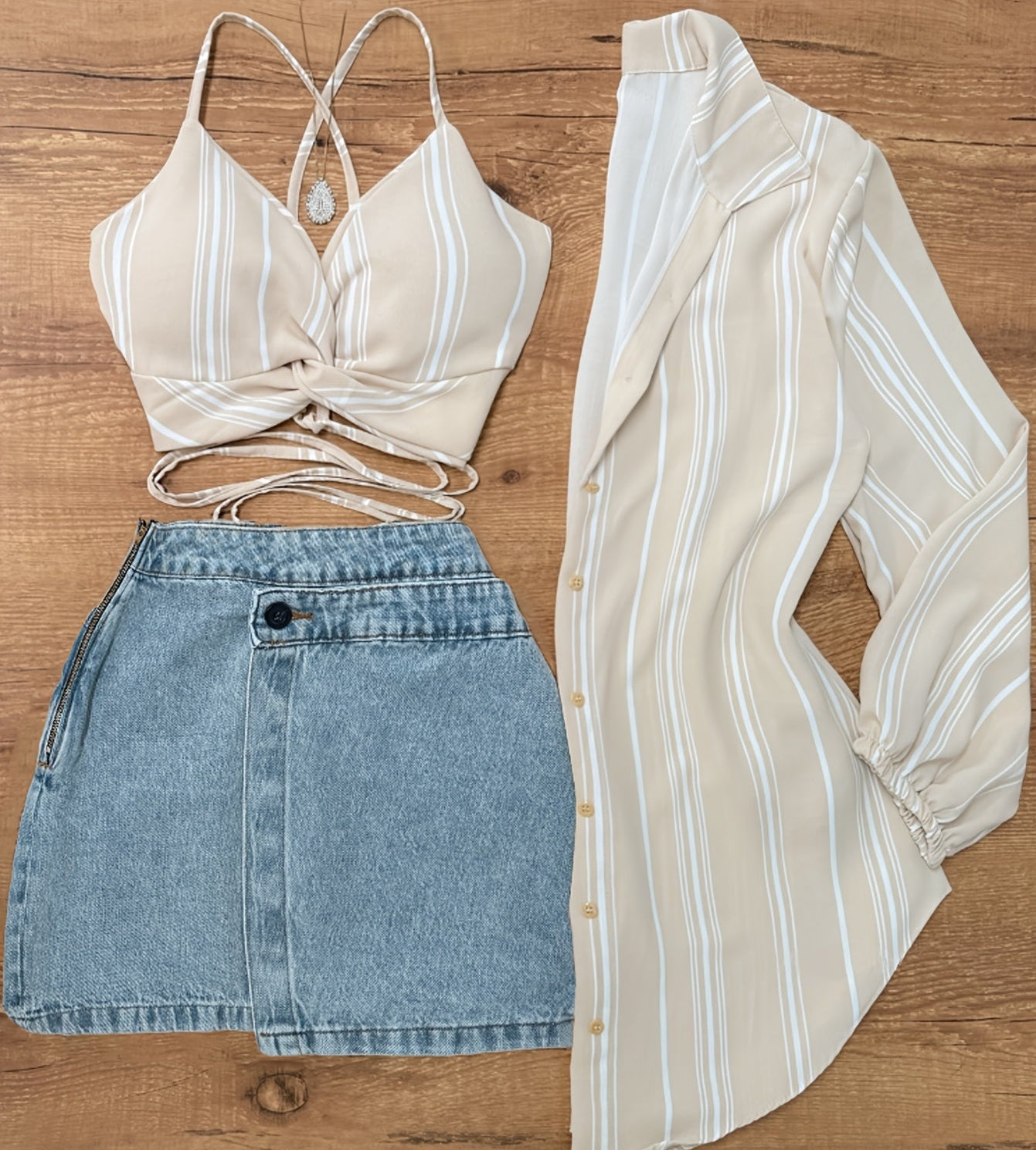 Damen Set – Modisches Streifen-Crop-Top, Hemd und Jeansrock für Freizeit und Sommer