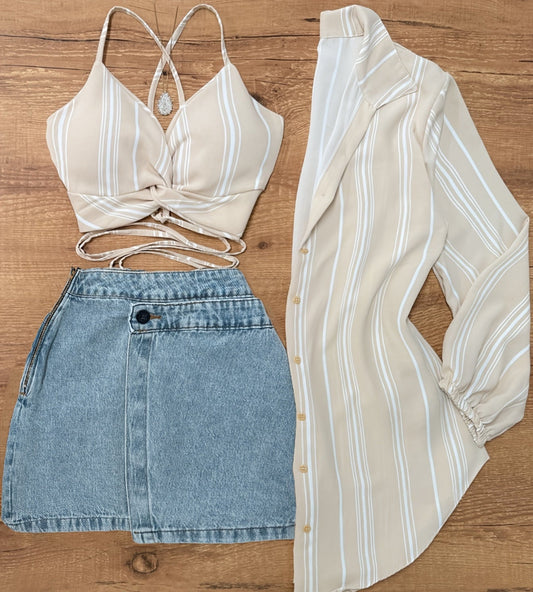 Damen Set – Modisches Streifen-Crop-Top, Hemd und Jeansrock für Freizeit und Sommer