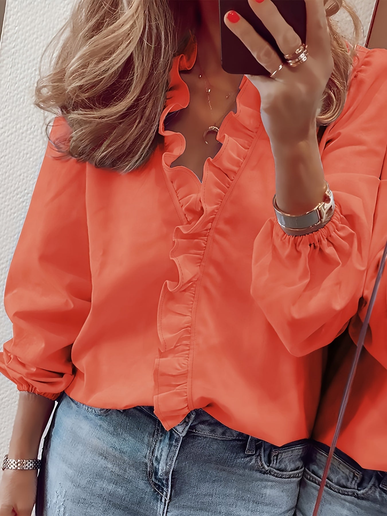 Damen Rüschenbluse Elegant Freizeit-Look V-Ausschnitt