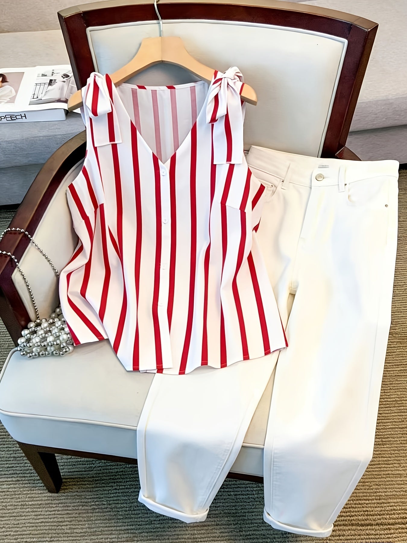 Damen Elegante Ärmellose Bluse mit Streifen und Knopfleiste – Sommer Business Freizeithemd