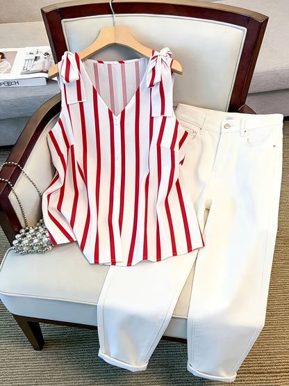 Damen Elegante Ärmellose Bluse mit Streifen und Knopfleiste – Sommer Business Freizeithemd