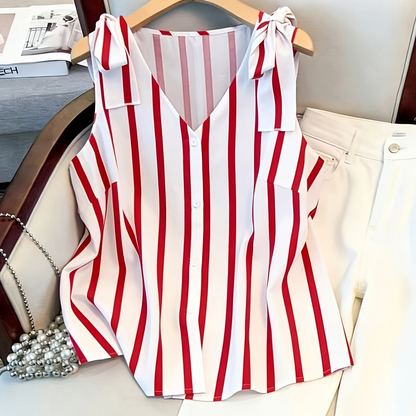 Damen Elegante Ärmellose Bluse mit Streifen und Knopfleiste – Sommer Business Freizeithemd