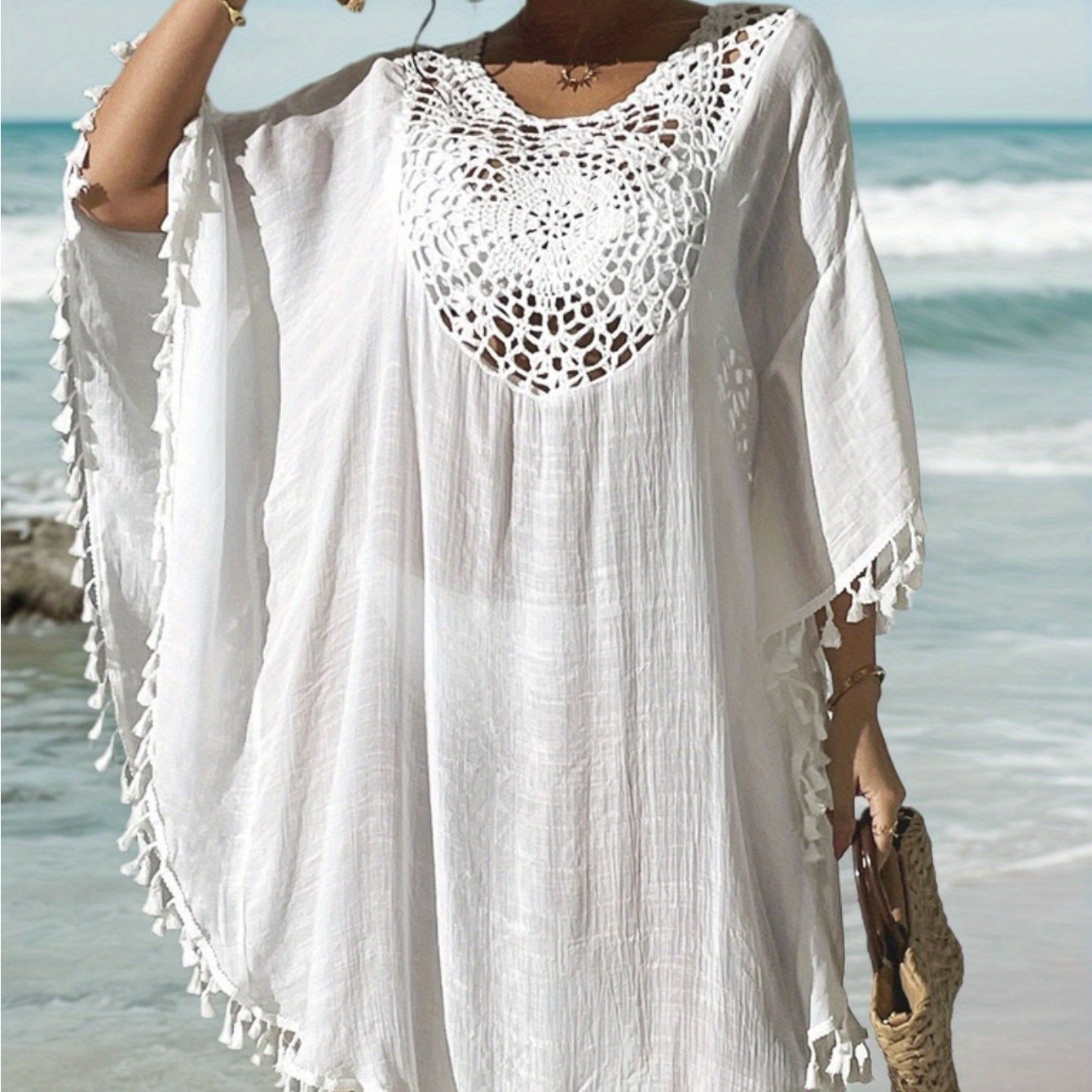 Damen Strand Kaftan Poncho mit Häkel-Details und Quasten – Perfekte Strandmode Cover-Up