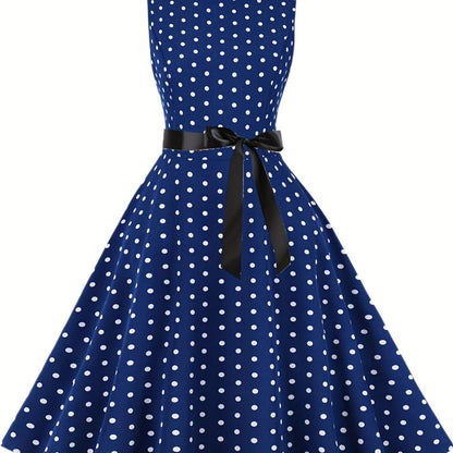 Damen Vintage Rockabilly Polka Dots Kleid mit Schleifen-Gürtel, Elegant, Ärmelos, Festlich & Alltag