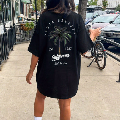 Damen Oversize T-Shirt Kleid im Kalifornien-Surf-Style – Santa Barbara Palmen Print, Freizeit & Streetwear