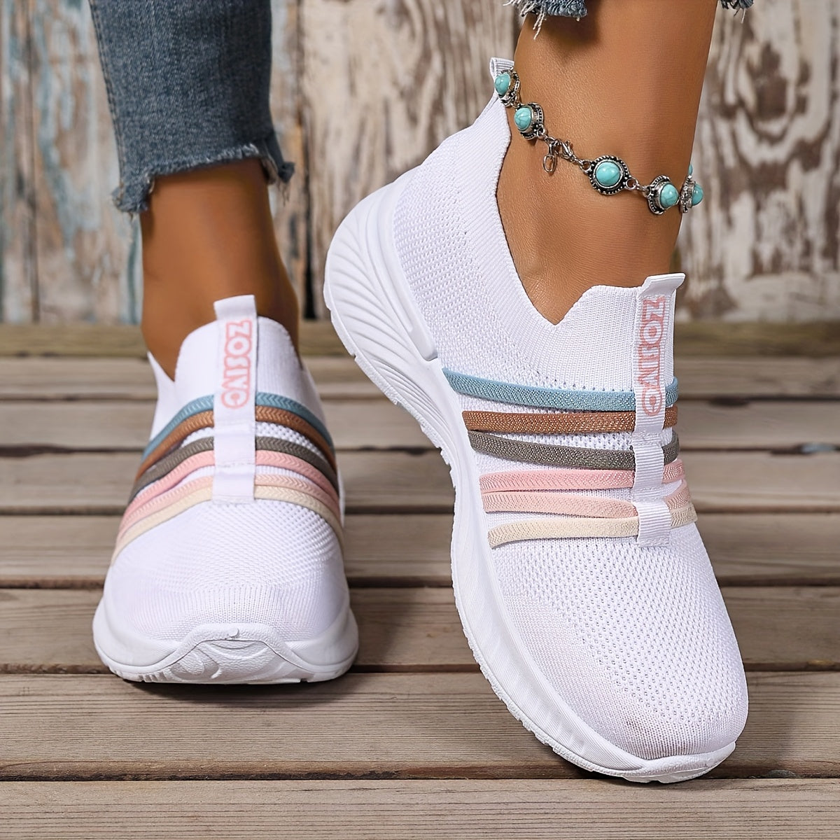 Damen Slip-On Sneakers Freizeit Bequeme Low-Top Schuhe mit Streifen-Design