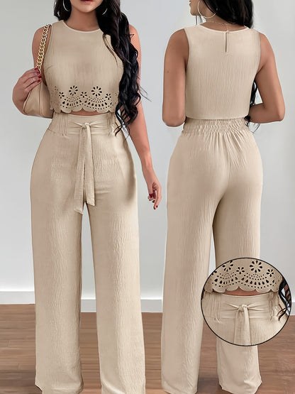 Damen Elegantes 2-teiliges Sommer-Set mit Crop Top und Weitbein-Hose – Modischer Freizeitanzug mit Stickerei