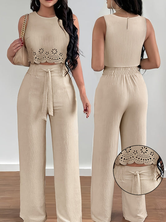 Damen Elegantes 2-teiliges Sommer-Set mit Crop Top und Weitbein-Hose – Modischer Freizeitanzug mit Stickerei
