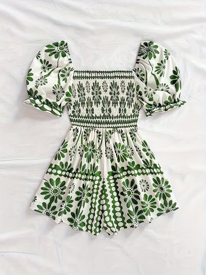 Damen Vintage-inspirierter Jumpsuit mit Puffärmeln und Blumenmuster – Eleganter Einteiler für Freizeit und Events
