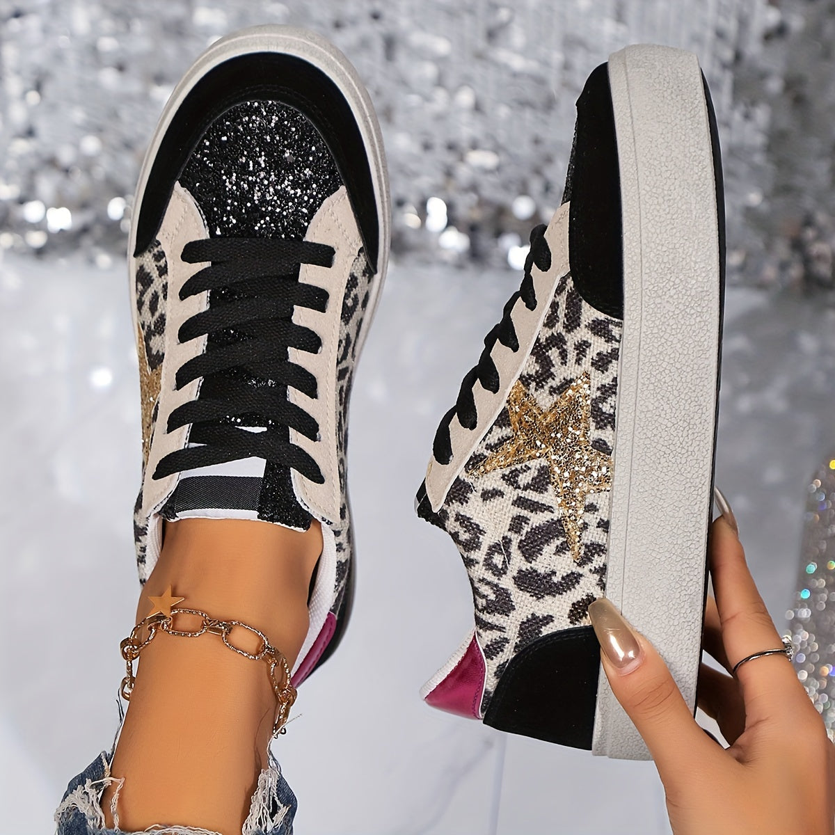 Damen Sneaker mit Glitzerstern und Plateau – Modische Freizeitschuhe für Alltag und Party