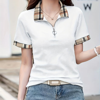 Damen Poloshirt mit Reißverschluss-Kragen und Karodetails – Modisches Freizeitshirt für Alltag und Ausgehen