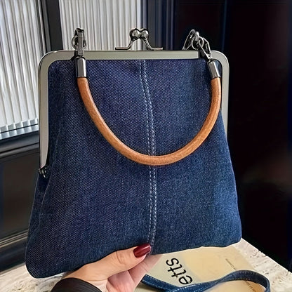 Damen Vintage-Jeanshandtasche mit Holzgriff und Kussverschluss – Modische Umhängetasche für Alltag und Freizeit
