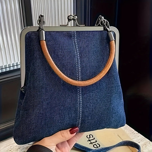 Damen Vintage-Jeanshandtasche mit Holzgriff und Kussverschluss – Modische Umhängetasche für Alltag und Freizeit