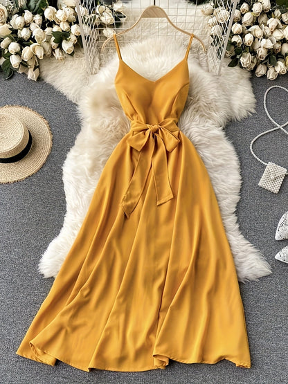 Damen Maxikleid mit Schleife und Spaghettiträgern – Elegantes Kleid für besondere Anlässe