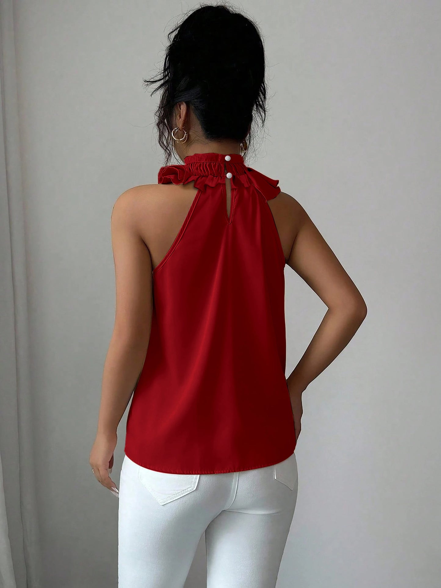 Damen Rüschenbluse mit Stehkragen – Elegante ärmellose Bluse für festliche Anlässe und Büro