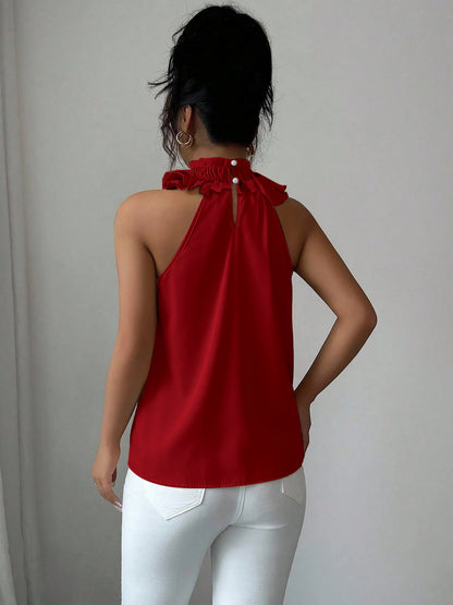 Damen Rüschenbluse mit Stehkragen – Elegante ärmellose Bluse für festliche Anlässe und Büro