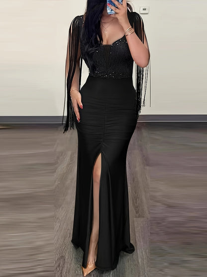 Damen Abendkleid Elegant mit Fransenärmeln und hohem Schlitz – Perfekt für festliche Anlässe