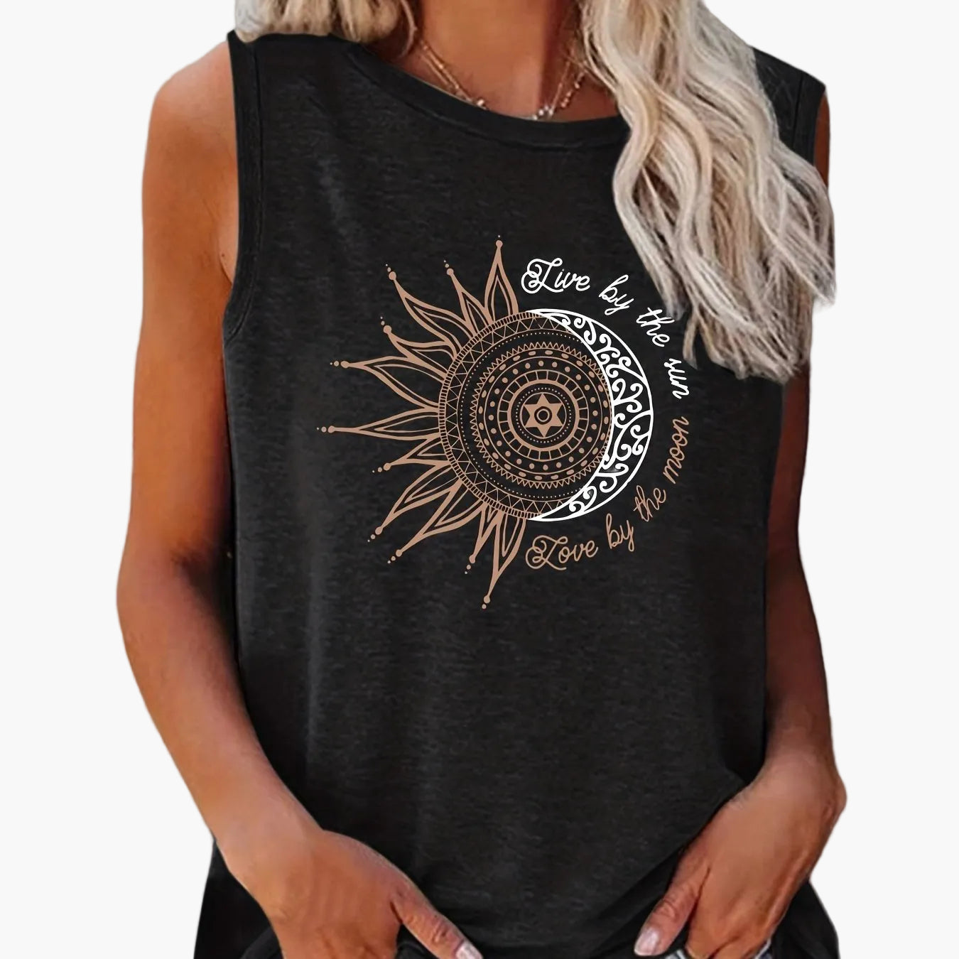 Damen Tanktop mit Boho Sonne-Mond Print – Lässiges Sommer-Shirt im Ethno-Stil