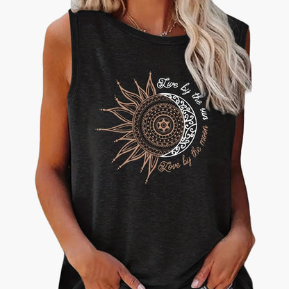 Damen Tanktop mit Boho Sonne-Mond Print – Lässiges Sommer-Shirt im Ethno-Stil