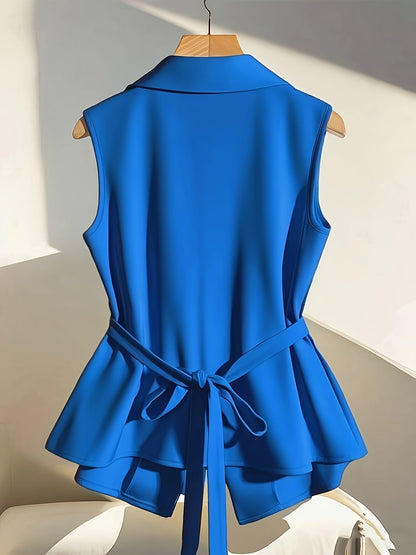 Damen Elegante Ärmellose Weste mit Taillengürtel und Reverskragen – Business & Freizeit Chic