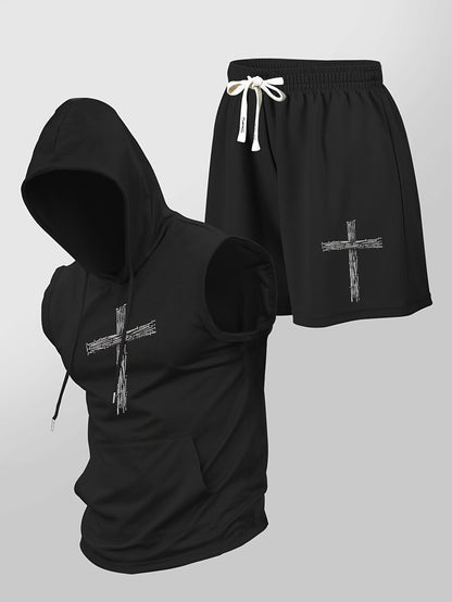 Herren Fitness Set mit Kapuzen-Ärmelloshirt und Shorts mit Kreuz-Print – Sportlicher Streetstyle Zweiteiler