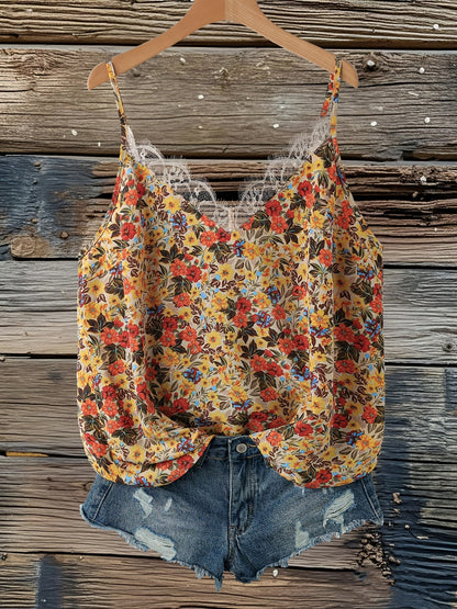 Damen Sommer-Top mit Blumenmuster und Spitzen-Detail – Lässiges Trägertop für Freizeit und Urlaub