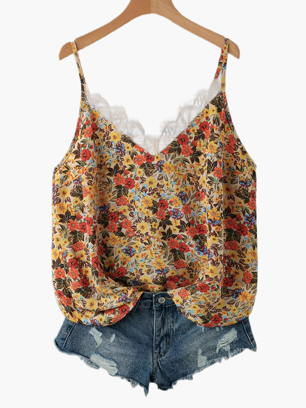 Damen Sommer-Top mit Blumenmuster und Spitzen-Detail – Lässiges Trägertop für Freizeit und Urlaub