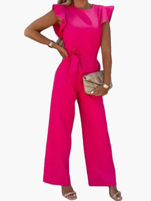 Damen Jumpsuit Elegant – Weite Passform mit Volantärmeln und Taillengürtel, ideal für Büro & Ausgehen