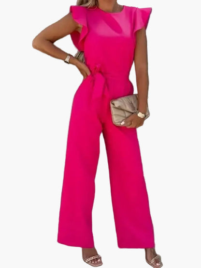 Damen Jumpsuit Elegant – Weite Passform mit Volantärmeln und Taillengürtel, ideal für Büro & Ausgehen