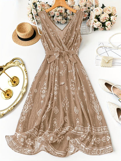 Damen Boho Maxikleid mit Gürtel und Vintage Print – Elegantes Sommerkleid für Alltag und besondere Anlässe