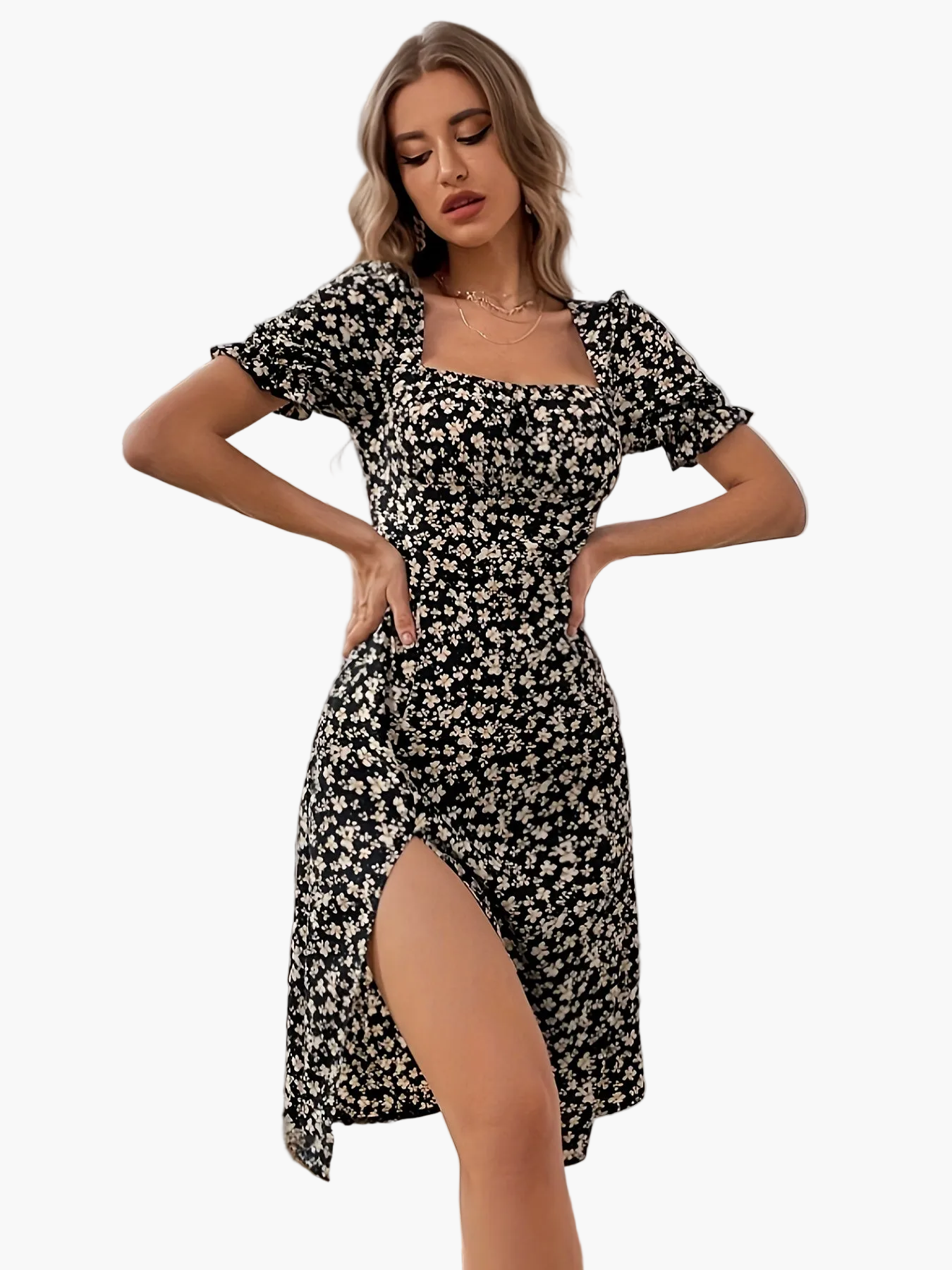 Damen Midikleid mit Blumenmuster, Puffärmeln und hohem Schlitz – Elegantes Kleid für Sommer und Freizeit
