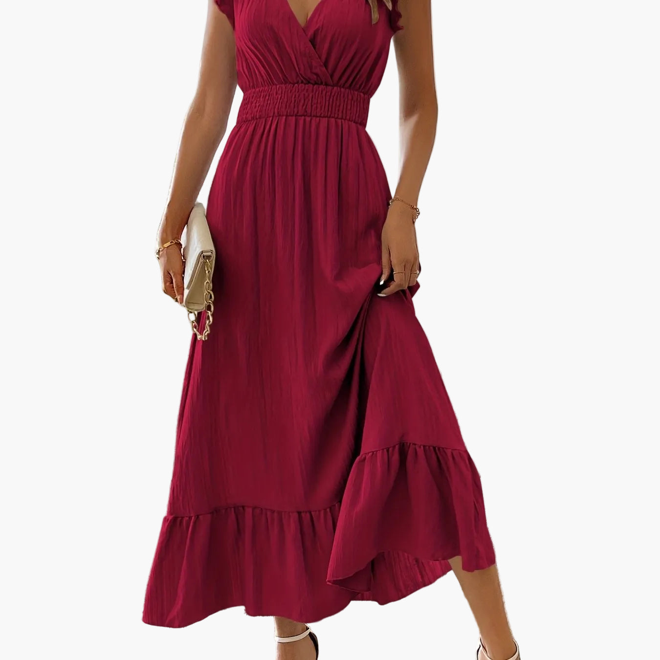 Damen Elegantes Maxikleid mit V-Ausschnitt und Rüschen – Perfekt für Sommer und besondere Anlässe