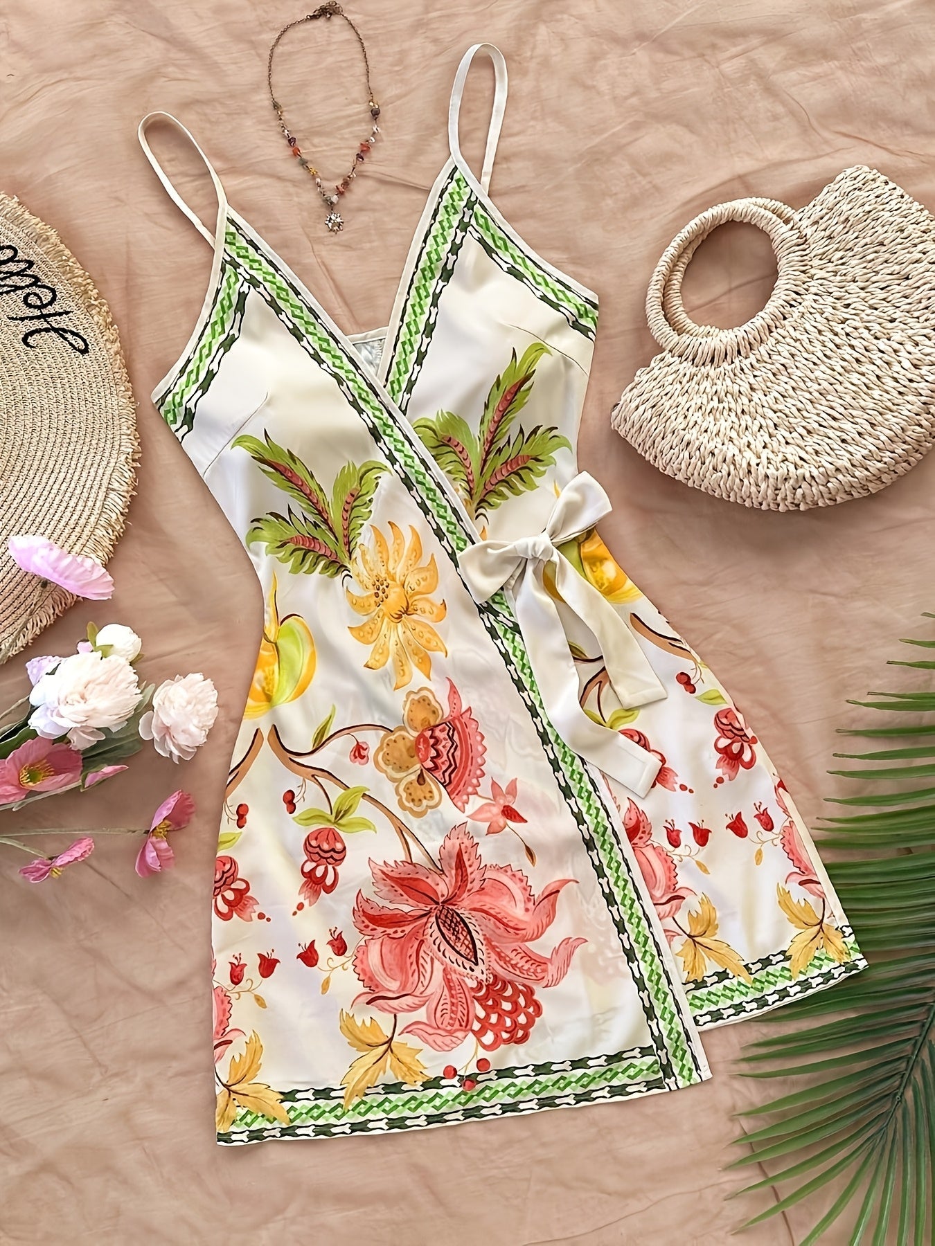 Damen Wickelkleid im Tropischen Stil mit Blumen- und Vogelmotiven