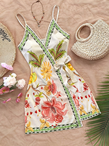Damen Wickelkleid im Tropischen Stil mit Blumen- und Vogelmotiven
