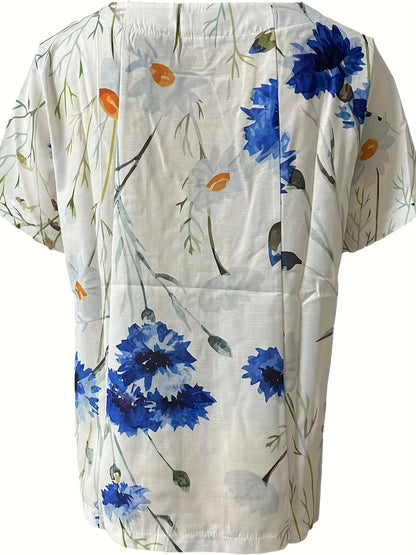 Damen Vintage Bluse mit Blumenmuster und Knopfleiste – Sommer Freizeitshirt