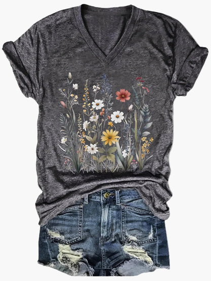 Damen V-Ausschnitt T-Shirt mit Wildblumen-Print, lässig, perfekt für Sommer und Freizeit