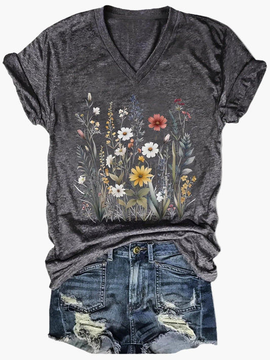 Damen V-Ausschnitt T-Shirt mit Wildblumen-Print, lässig, perfekt für Sommer und Freizeit