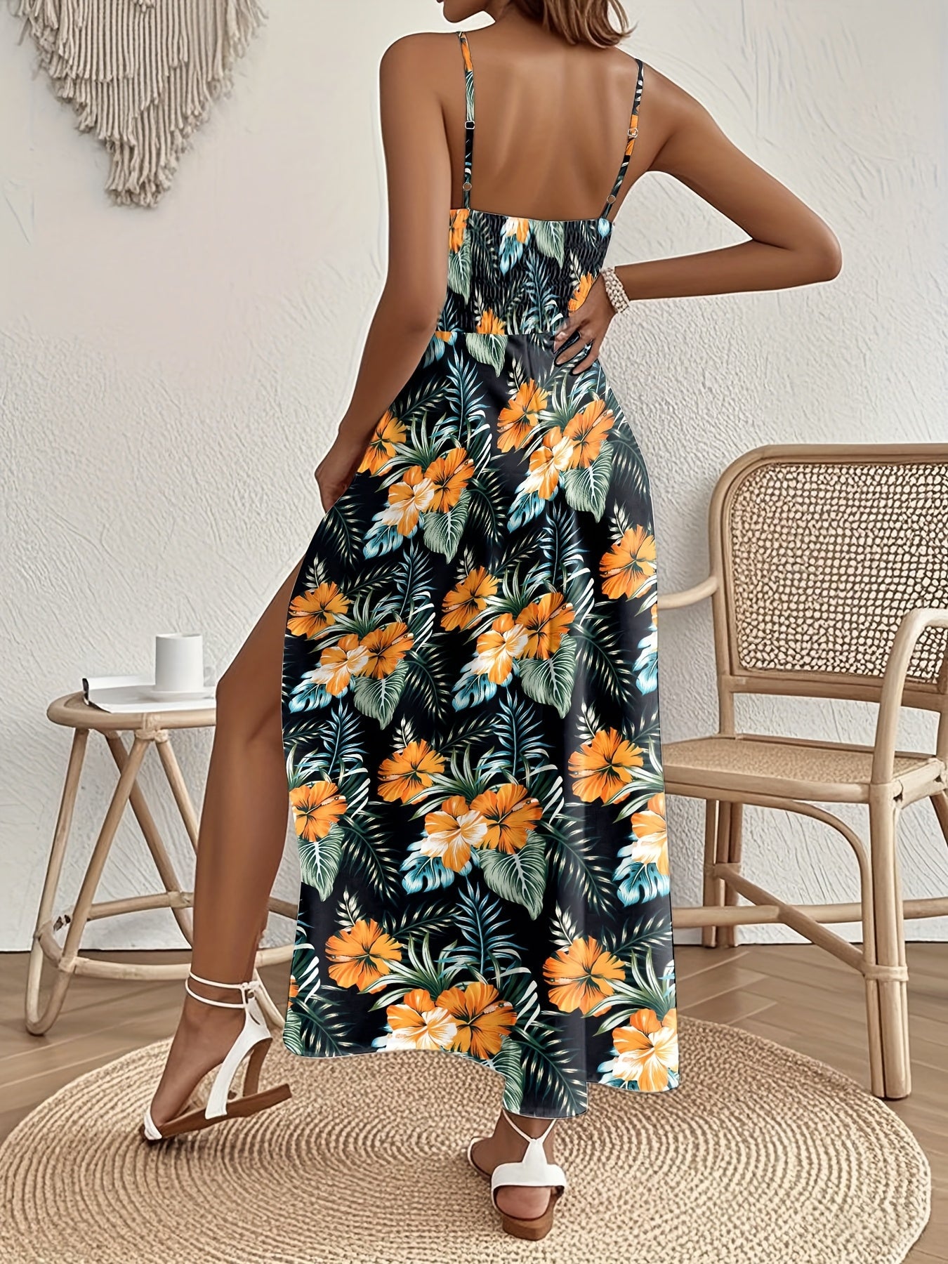 Damen Maxikleid mit tropischem Blumenmuster und Spitzendetail – Elegantes Sommerkleid für Urlaub & Freizeit
