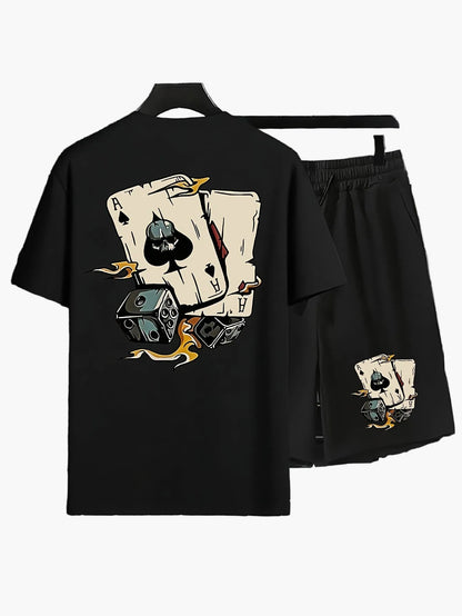 Herren Freizeit T-Shirt & Shorts Set mit Spielkarten-Print – Lässiges Sommer-Outfit für Alltag & Zuhause