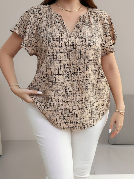 Damen Bluse im modernen Casual-Stil mit V-Ausschnitt und grafischem Muster – Perfekt für Alltag und Büro