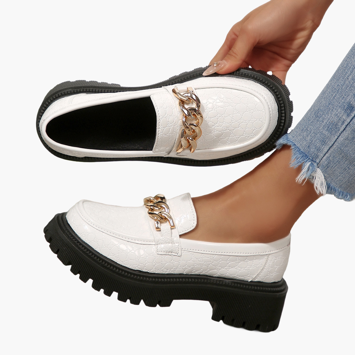 Damen Chunky Loafer mit Ketten-Detail – Stilvolle Slip-Ons für Alltag und Büro