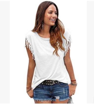 Amy – Damen-T-Shirt mit Rundhals und Quasten