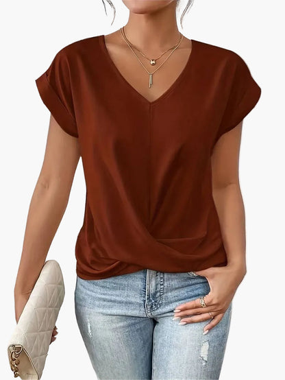 Damen Kurzarm V-Ausschnitt Casual Bluse – Elegantes Freizeitshirt mit modischem Twist-Detail