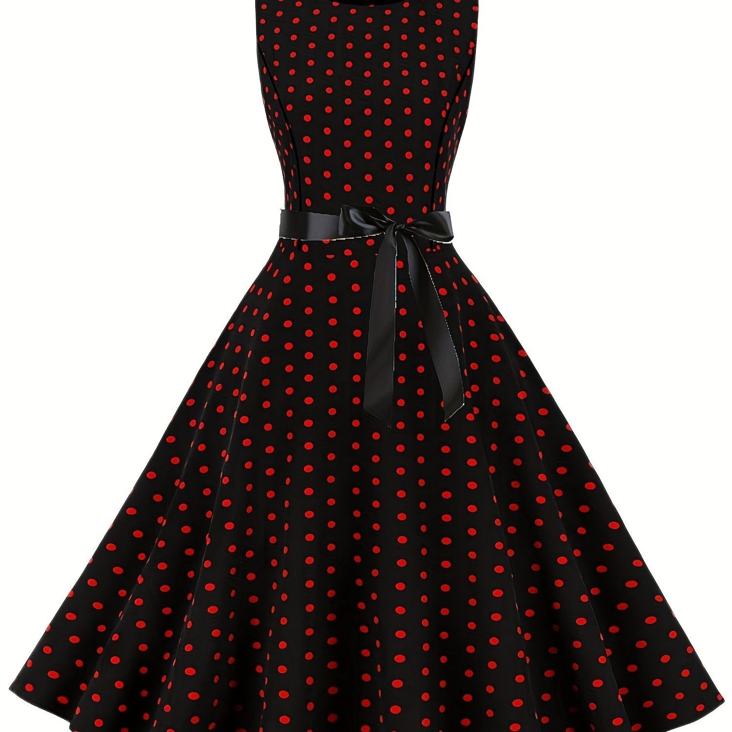 Damen Vintage Rockabilly Polka Dots Kleid mit Schleifen-Gürtel, Elegant, Ärmelos, Festlich & Alltag