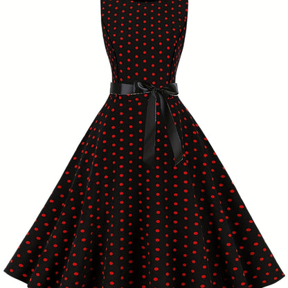 Damen Vintage Rockabilly Polka Dots Kleid mit Schleifen-Gürtel, Elegant, Ärmelos, Festlich & Alltag
