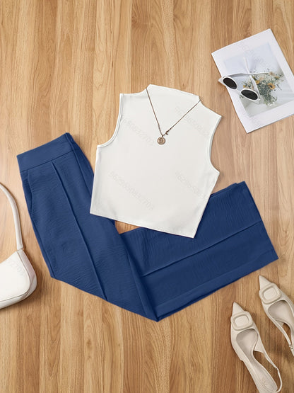 Damen Elegantes Set – Ärmelloses Oberteil mit Stehkragen und Weite Hose, Perfekt für Büro und Alltag
