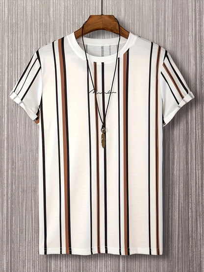 Herren T-Shirt mit vertikalem Streifenmuster und modernem Grafik-Print – Freizeit & Streetstyle