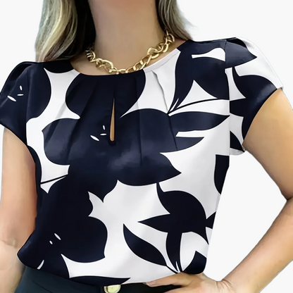 Damen Bluse mit abstraktem Muster und Falten-Detail – Elegante Sommer-Office-Mode
