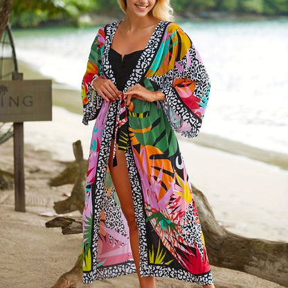 Damen Strand Kimono Lang mit Tropischem Muster und Animal Print – Modischer Überwurf für Urlaub und Pool
